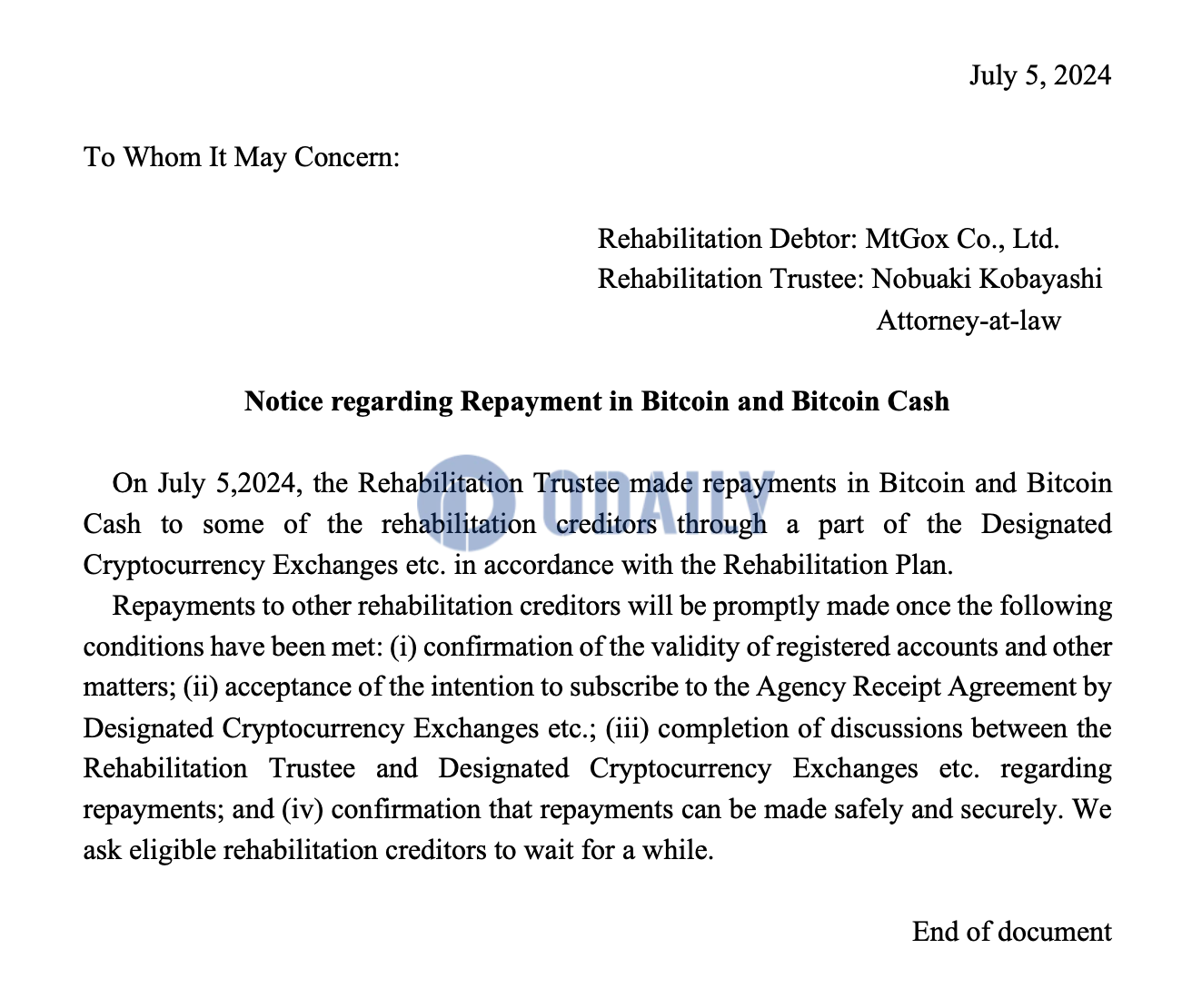 Mt. Gox：已向部分债权人以BTC和BCH的形式进行偿还