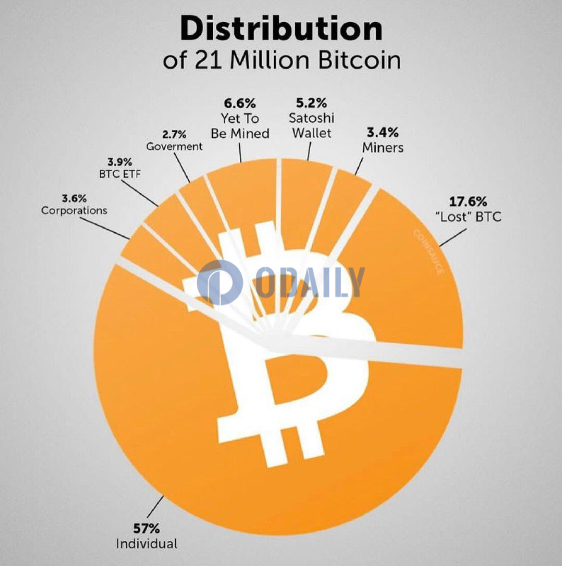 统计：2100万枚BTC中已丢失占比达17.6%，个人持有占比达57%