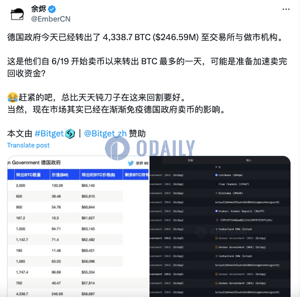 分析：德国政府今日已经转出4338.7枚BTC至交易所与做市机构