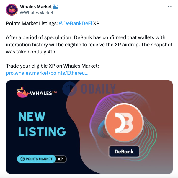 Whales Market在积分市场上线DeBank XP