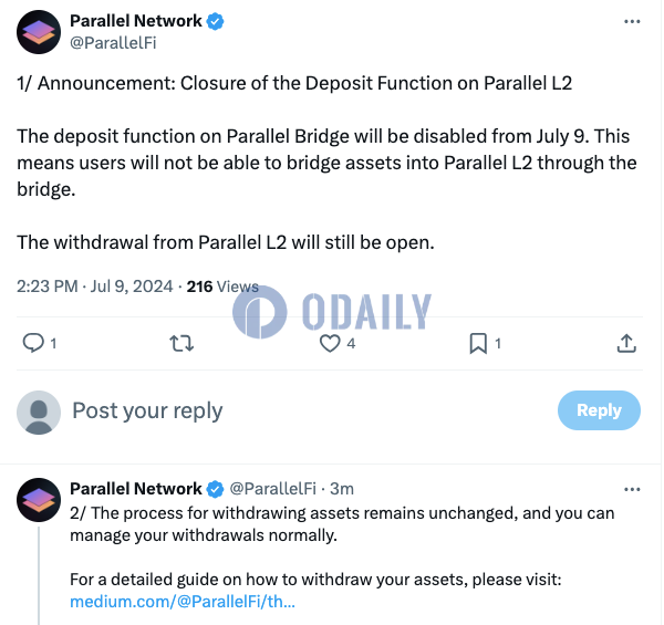 Parallel Network关闭Parallel L2上存款功能