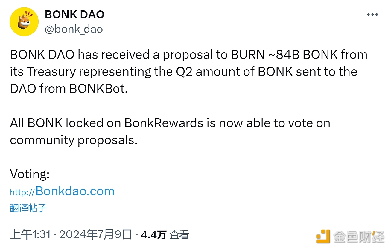 BONK财库发起新提案，提议销毁约840亿枚BONK