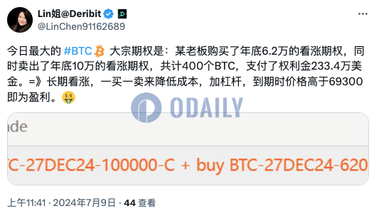 Deribit上BTC大宗期权买入年底6.2万美元看涨期权，并卖出10万美元看涨期权