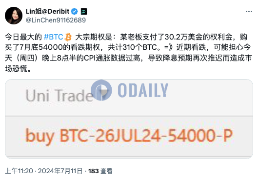 Deribit上BTC大宗期权买入7月底54000美元看跌期权，或担心今晚CPI数据对市场的影