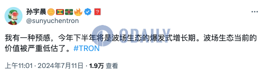 孙宇晨：今年下半年将是波场生态爆发式增长期，当前价值被严重低估了