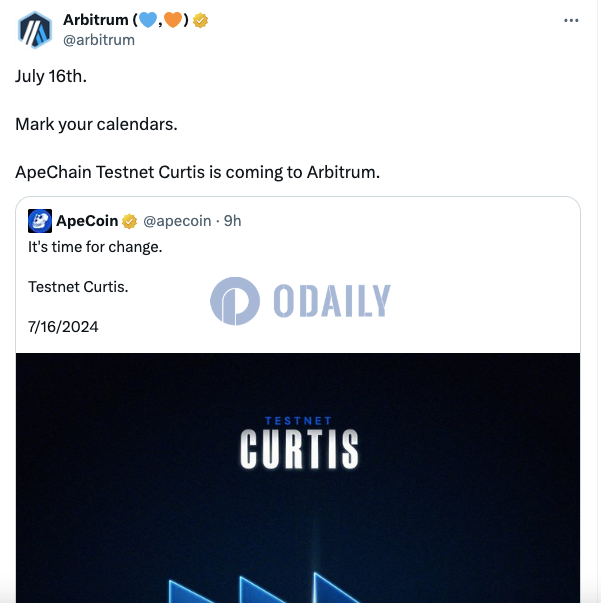 Apechain测试网Curtis将于7月16日上线Arbitrum