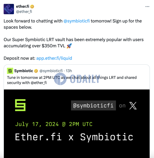 ether.fi：Super Symbiotic LRT vault TVL突破3.5亿美元