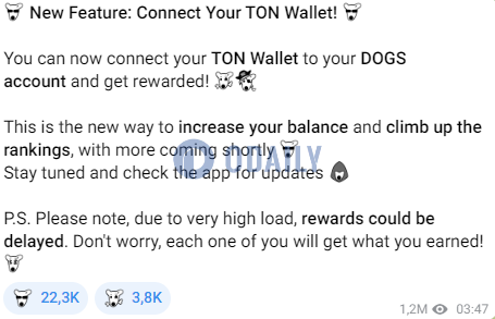 DOGS：用户可将TON钱包连接到DOGS账户