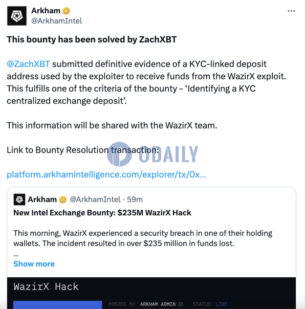 Arkham：ZachXBT已完成WazirX攻击事件悬赏任务