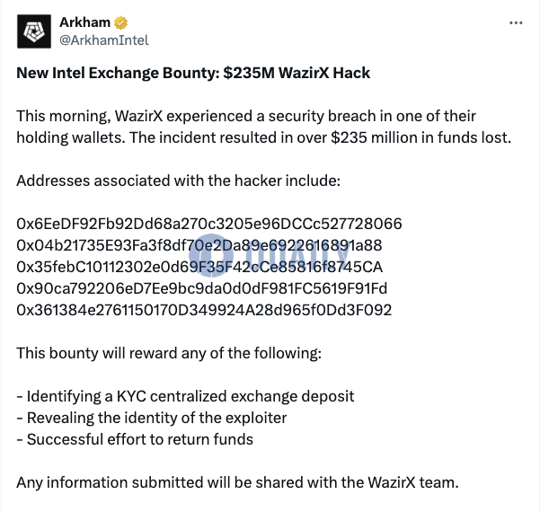 Arkham发布WazirX攻击事件悬赏