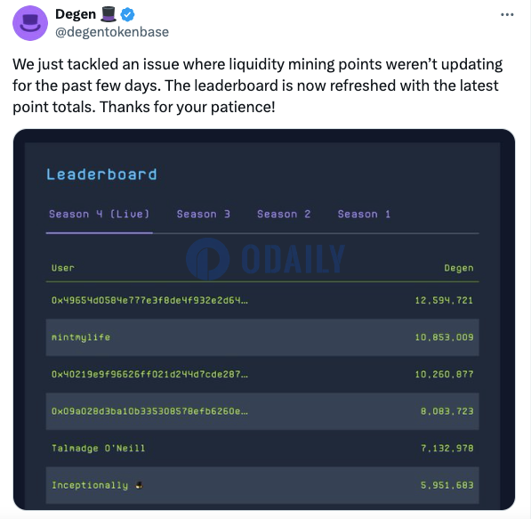 Degen：已解决流动性挖矿积分数日未更新问题，排行榜已刷新