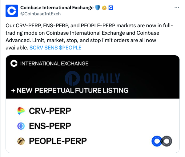 Coinbase国际站已上线CRV、ENS、PEOPLE永续合约