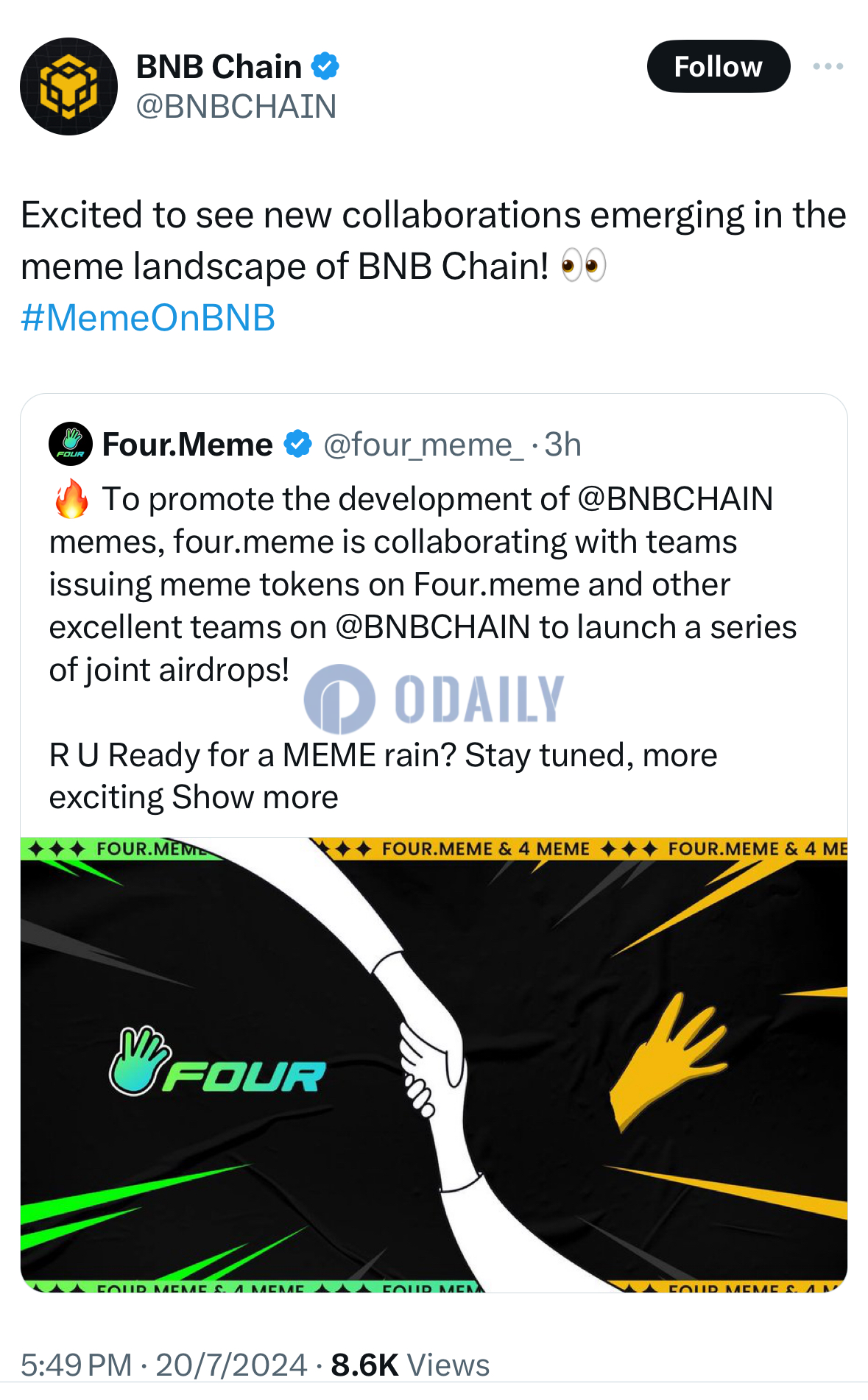 Meme项目FOUR与four.meme达成战略合作，共建BNB Chain meme联盟