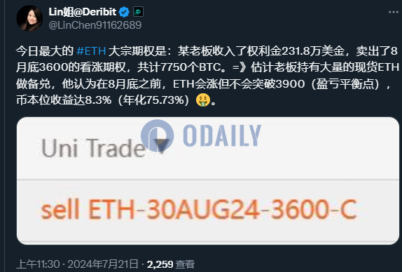 某Deribit用户卖出ETH 8月底3600美元看涨期权，共计7750枚ETH