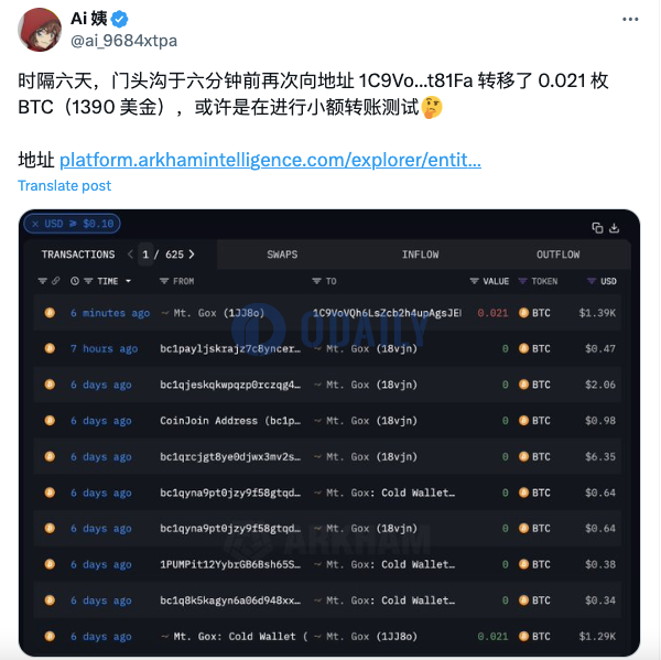 Mt.Gox于六分钟前再次向1C9Vo开头地址转移0.021枚BTC，或为小额转账测试