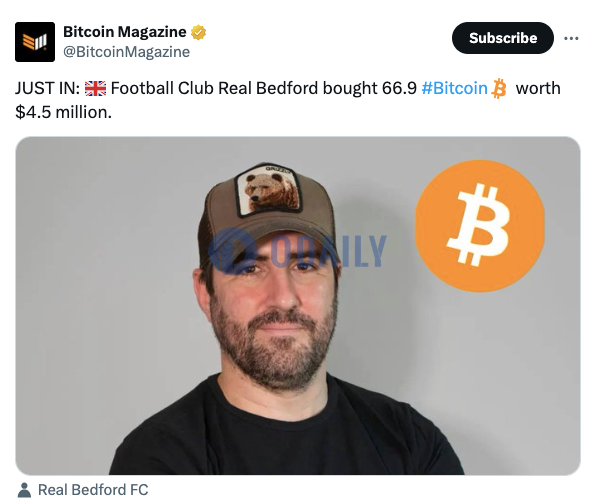 英国足球俱乐部Real Bedford FC买入66.9枚BTC，价值450万美元