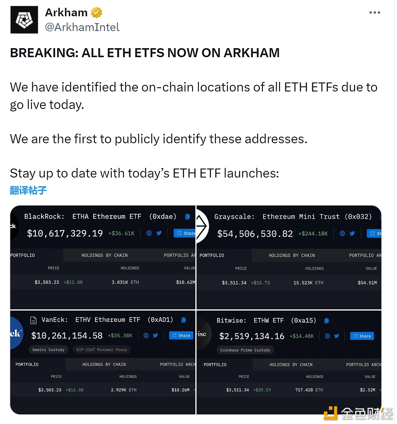 Arkham已确认所有现货以太坊ETF链上存放地址