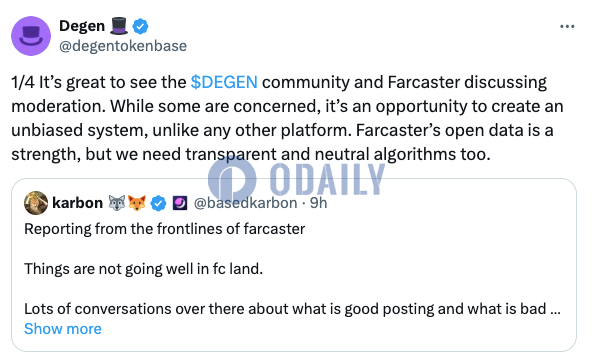 Degen：很高兴看到社区与Farcaster讨论moderation