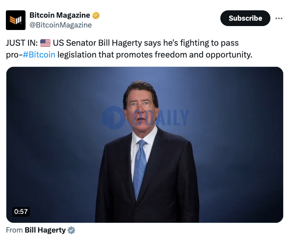 美参议员Bill Hagerty：正努力推动支持比特币的立法