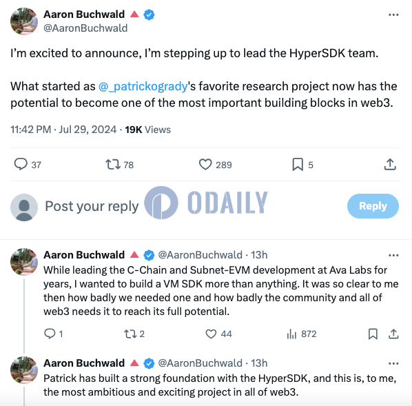 Ava Labs软件工程师Aaron Buchwald将领导HyperSDK团队，路线图即将公布