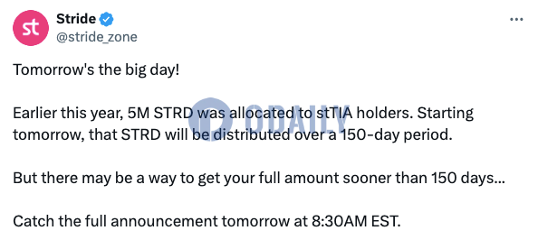 Stride：将在150天内向stTIA持有者分发500万枚STRD