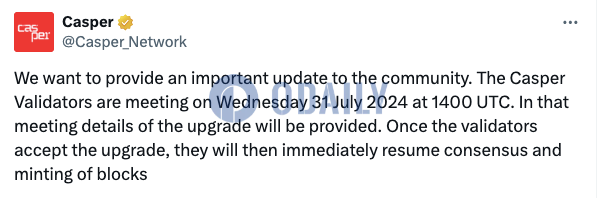 Casper：验证者将于今晚讨论升级事宜，协商一致后将恢复共识和区块生产