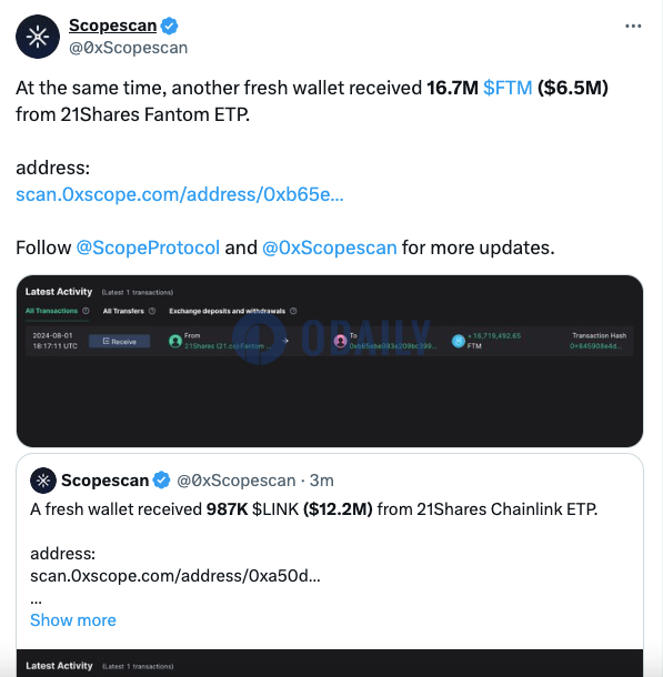 某新建钱包从21Shares Fantom ETP收到1670万枚FTM，约合650万美元