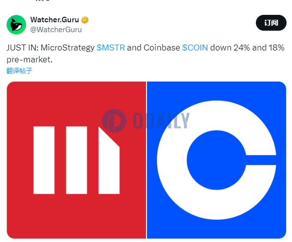 MicroStrategy和Coinbase股价盘前分别下跌24%和18%