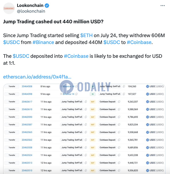 Jump Trading将4.4亿枚USDC存入Coinbase，或将兑换为美元