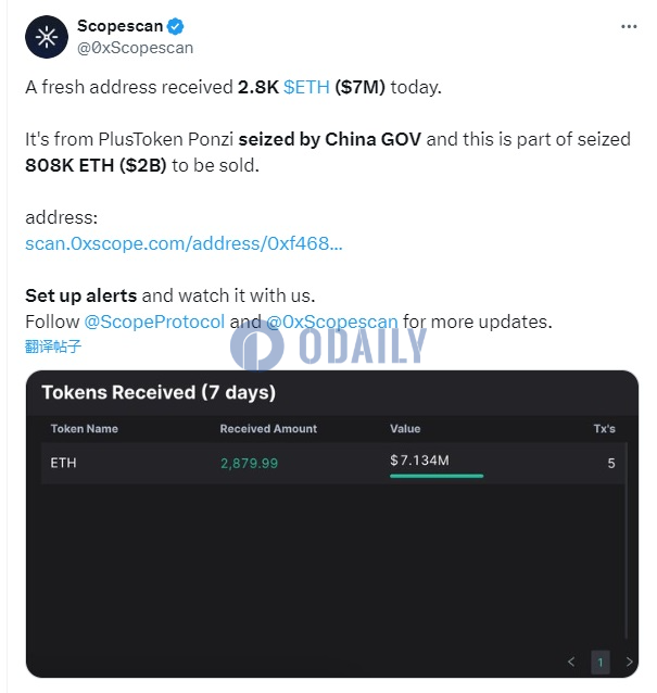某新建地址收到疑似来自PlusToken的约2800枚ETH
