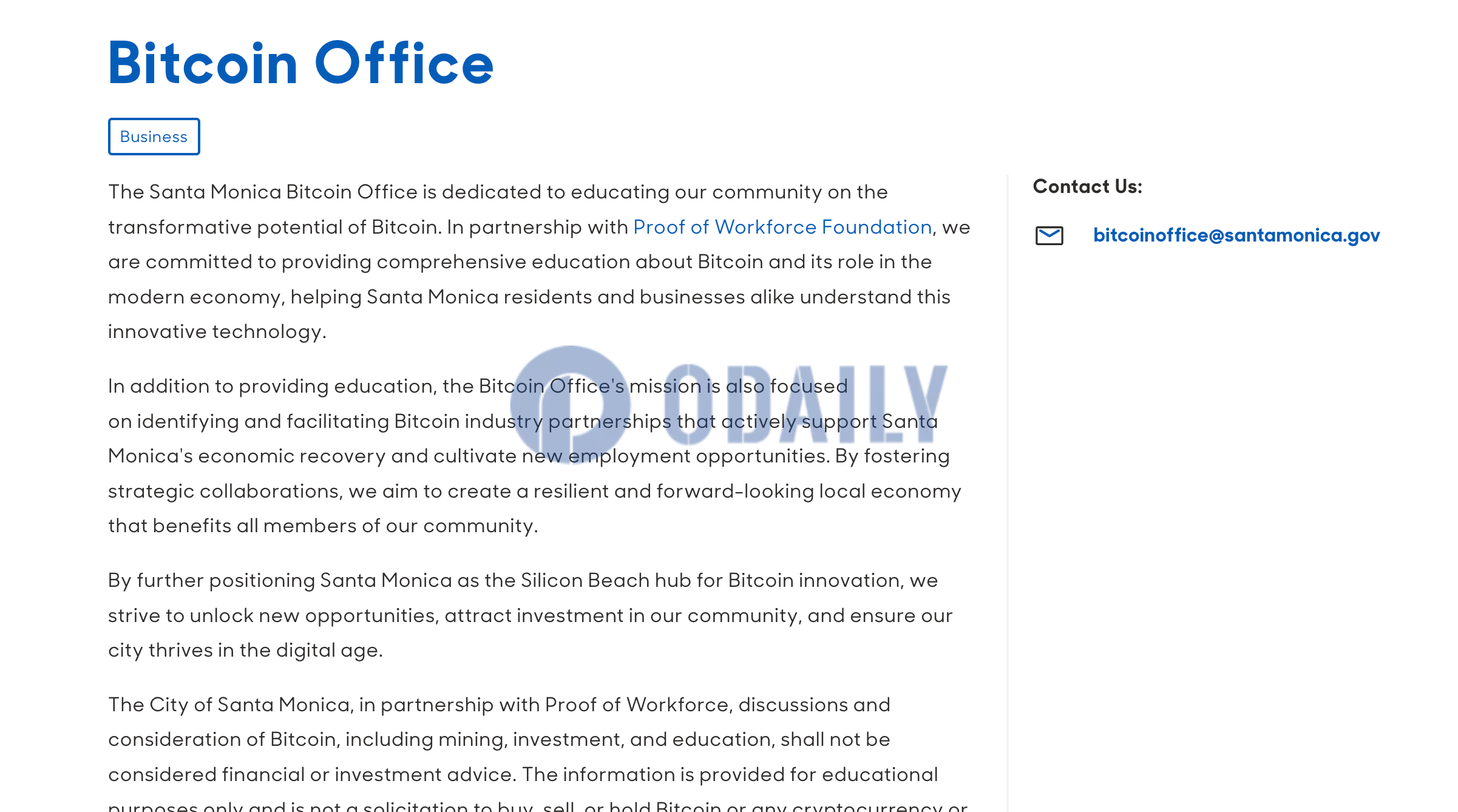 加利福尼亚州圣莫尼卡市政府网站新增“Bitcoin Office”版块