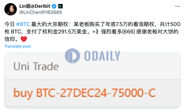 Deribit上BTC大宗期权买入年底7.5万美元看涨期权，共计500枚BTC