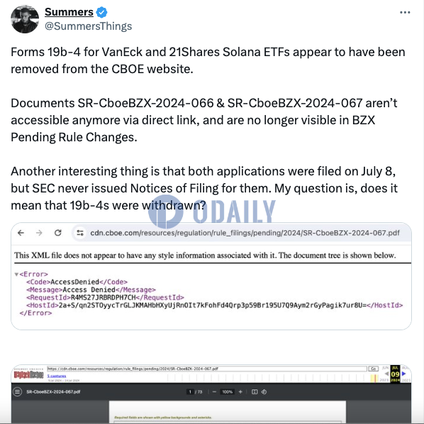 分析：VanEck和21Shares Solana ETF的19b-4表格或已从CBOE网站上移除