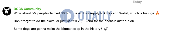 DOGS：已有约500万名用户申领30%空投供应至CEX和Telegram钱包