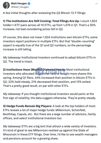 Bitwise CIO：Q2机构仍在增持比特币ETF且多数是钻石手，对冲基金是重要参与者