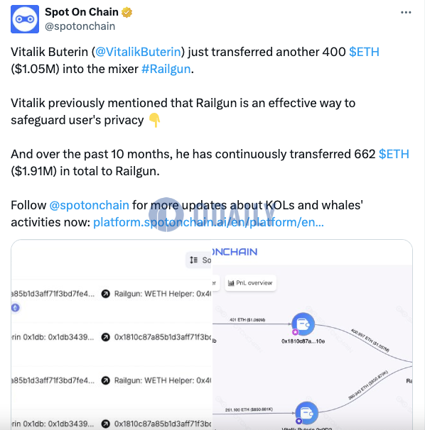 Vitalik近10个月向Railgun累计转移662枚ETH，约合191万美元