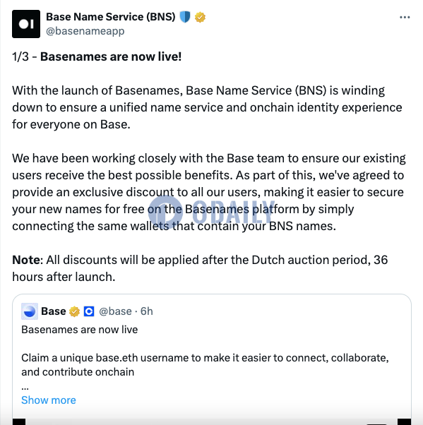 BNS：将为用户提供独家折扣，可在Basenames上免费获取新名称