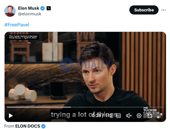 Elon Musk发布带有#FreePavel标签视频，再次声援Telegram创始人