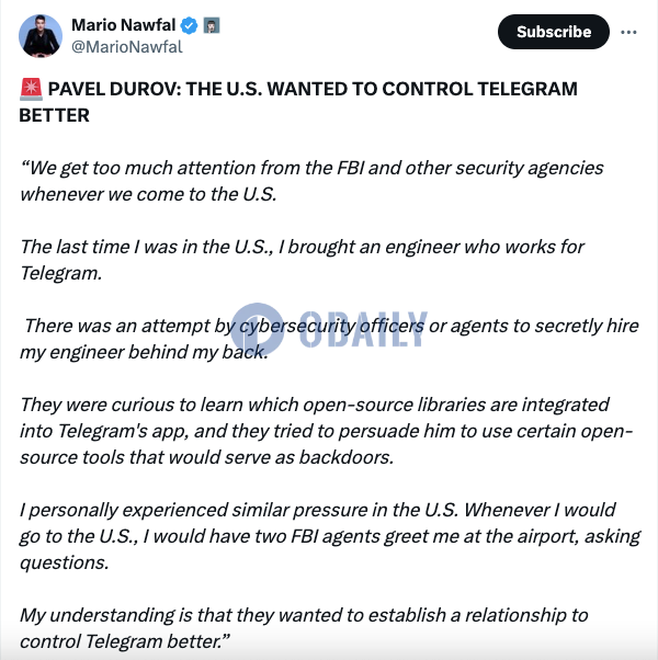 Pavel Durov：美国试图更好地控制Telegram