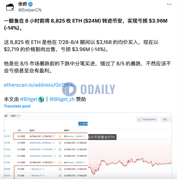 某鲸鱼8小时前将8825枚ETH存入币安，实亏396万美元