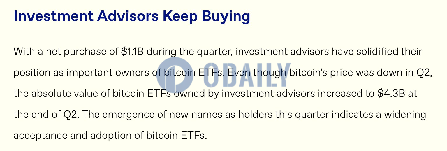 投资顾问Q2增持11亿美元比特币现货ETF，持仓增至43亿美元