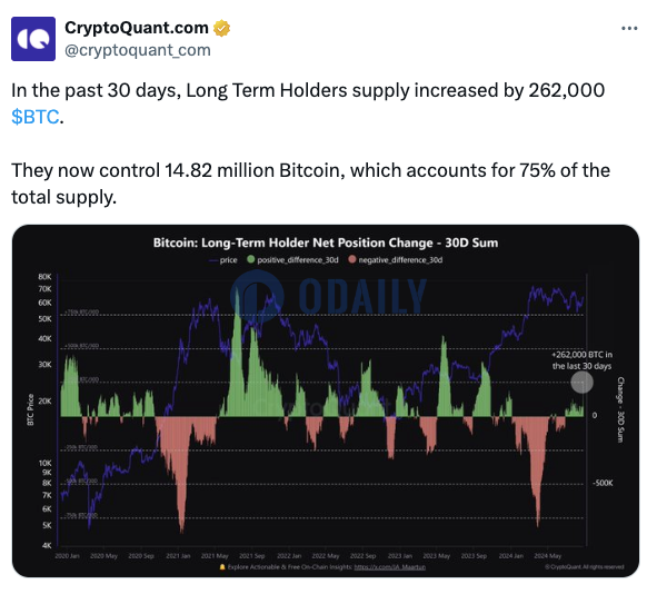 比特币长期持有者过去30天增持26.2万枚BTC，总持仓占供应量的75%