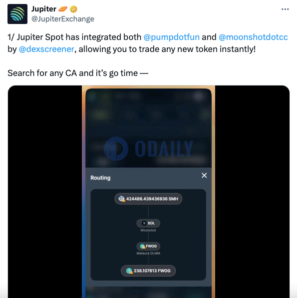 Jupiter现货交易已集成pump.fun和Moonshot